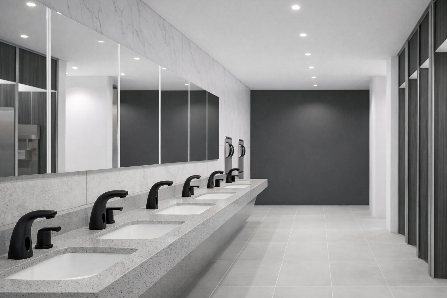 Commercial sink line with coordinated faucets in a modern restroom